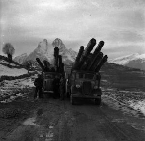 Photographie de camions chargés de troncs devant la Pedraforca enneigée
