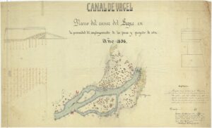 Plan du cours du Segre et projet de barrage.