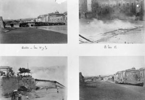 Photographie, composée de quatre moments, de l'incendie du Pont de Barques de Tortosa