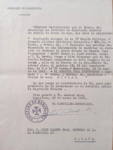 Lettre de l'Évêché à Mgr Josep Cardús, prêtre de Marata (Vallès Oriental) dans laquelle il est informé qu'il doit comparaître devant la Justice Militaire probablement pour des activités politiques clandestines.