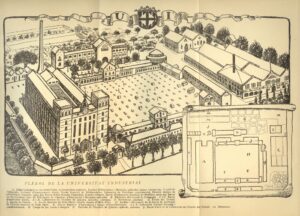 Dessin des locaux de l'Université industrielle, reproduit dans : « Les travaux réalisés : années 1914-1923. Mancomunitat de Catalogne », 1923. Bibliothèque de réserve de la Députation provinciale de Barcelone et Centre de documentation des Archives générales.