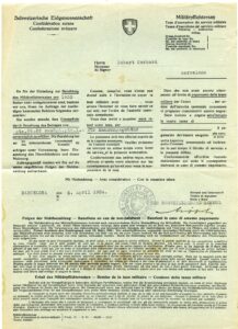La Fédération suisse exige du musicien Robert Gerhard le paiement de la taxe d'exemption du service militaire, le 04/06/1934, sous peine de pénalité