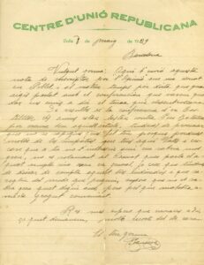Lettre de Francesc Mialet à son frère Pere Mialet, journaliste, qui vit à Barcelone, le 8/05/1929, où il traite des conflits politiques