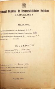 Dossier des responsabilités politiques de Pompeu Fabra Poch. Pièce du Tribunal régional de RRPP de Barcelone, numéro 2223/1940.