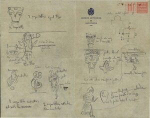 Notes manuscrites de Josep Pugi i Cadafalch sur les chapiteaux et autres éléments décoratifs de l'église de Sant Pau del Camp (Barcelone)