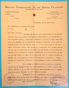 Lettre du Servicio Internacional de los Amigos Cuáqueros adressée à la mairie de Roda de Ter concernant la « Cantine pour enfants » que l'organisation maintenait dans la ville pendant la guerre civile pour servir les réfugiés