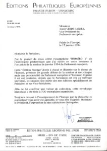 Lettre de la société « Éditions Philatéliques Européennes » présentant l'édition spéciale d'une enveloppe dédiée à la vice-présidence de Josep Verde au Parlement européen